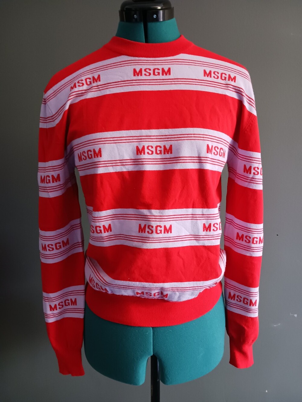 MSGM Red and Pink Logo Stripe Crewneck Sweater Size XS